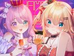  2girls :d akai_haato asymmetrical_docking blonde_hair blue_eyes breast_press breasts candy_hair_ornament crown cup food-themed_hair_ornament green_eyes hair_ornament heart heart-shaped_pupils heart_hair_ornament heterochromia highres himemori_luna holding holding_cup hololive large_breasts long_hair magowasabi multiple_girls purple_eyes purple_hair signature smile symbol-shaped_pupils twitter_username two_side_up virtual_youtuber x_hair_ornament 