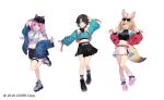  3girls ;d ahoge alternate_costume animal_ears arm_up bare_shoulders baseball_cap belt black_hair black_headwear black_shirt black_shorts black_skirt blonde_hair blue_eyes blue_jacket breasts crop_top double_v eyewear_hang eyewear_on_head eyewear_removed fake_animal_ears fox_ears fox_girl fox_tail full_body hair_ornament hairclip hand_on_headwear hands_up hat highres hololive jacket leg_up long_hair long_sleeves looking_at_viewer medium_breasts midriff minato_aqua miniskirt multicolored_hair multiple_girls navel off_shoulder official_art omaru_polka one_eye_closed oozora_subaru open_clothes open_jacket open_mouth pink_eyes pink_hair pleated_skirt purple_eyes red_jacket ribbed_shirt shirt shirt_overhang shoes short_hair short_shorts shorts shugao skirt sleeveless sleeveless_shirt smile sneakers socks standing standing_on_one_leg stomach streaked_hair sunglasses tail thigh_strap thighs two-tone_hair v virtual_youtuber white_shirt white_skirt x_hair_ornament 