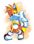  2021 anthro artisyone blush canid canine clothing dipstick_tail eyes_closed fingers footwear fox fur gloves handwear hi_res male mammal markings miles_prower sega shoes signature simple_background smile solo sonic_the_hedgehog_(series) tail_markings white_body white_fur yellow_body yellow_fur 