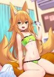  1girl :d animal_ear_fluff animal_ears bare_arms bare_shoulders black_choker bra breasts choker clothing_cutout collarbone fox_ears fox_girl fox_tail green_bra green_eyes green_panties hand_up highres holding kokonoe_tsubaki multiple_tails navel open_mouth orange_hair original panties sitting small_breasts smile solo stomach sweatdrop tail thighs two_side_up two_tails underboob_cutout underwear underwear_only v-shaped_eyebrows yoshizawa_tsubaki 