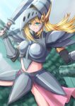  1girl armlet armor black_gloves black_shirt blonde_hair blush_stickers breastplate breasts commentary dark_magician_girl dark_magician_girl_the_dragon_knight dragon duel_monster elbow_gloves eyebrows_visible_through_hair fingerless_gloves gloves green_eyes grin helmet highres holding holding_sword holding_weapon knight large_breasts long_hair looking_at_viewer midriff misakura_aoi pink_skirt scales shirt shoulder_armor skirt smile sword teeth the_eye_of_timaeus weapon yu-gi-oh! 