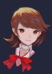  1girl absurdres bangs black_background bow bowtie brown_eyes brown_hair choker collared_shirt commentary cropped_shoulders face head highres immi_(imm_rune) looking_at_viewer medium_hair no_pupils parted_lips persona persona_3 red_bow red_bowtie shirt simple_background smile solo swept_bangs takeba_yukari white_choker wing_collar 