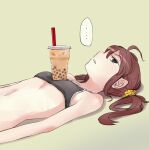  ... 1girl absurdres annoyed black_eyes black_sports_bra breasts bubble_tea bubble_tea_challenge drinking_straw hair_behind_ear highres looking_up lying navel on_back original parted_lips red_hair sadamatsu_ryuuichi small_breasts solo spoken_ellipsis sports_bra stomach twintails 