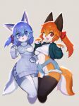  2022 absurd_res anthro biped black_nose blue_body blue_eyes blue_fur breasts canid canine canis clothed clothing clothing_lift duo featureless_breasts female fox fur grey_background hi_res inner_ear_fluff looking_at_viewer mammal navel one_eye_closed open_mouth orange_body orange_fur red_eyes shaded simple_background smile soda_uyu suggestive tuft white_body white_fur wink wolf 