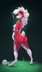  2022 anthro biped black_body black_fur blush breasts butt collar digital_media_(artwork) digitigrade female fur hi_res looking_at_viewer lycanroc midnight_lycanroc narley nintendo nipples pink_eyes pok&eacute;mon pok&eacute;mon_(species) red_body red_fur side_boob smile solo spiked_collar spikes standing video_games white_body white_fur 