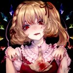  1girl alternate_hairstyle ascot bangs black_background blonde_hair blood blood_from_mouth blood_in_hair blood_on_clothes blood_on_face blood_on_hands braid crazy_eyes crystal curly_hair english_commentary eyebrows_behind_hair fang flandre_scarlet fork frilled_cuffs frilled_shirt_collar frills furrowed_brow hair_ribbon head_tilt highres holding holding_fork holding_knife knife kyogoku-uru lace-trimmed_ascot looking_at_viewer nail_polish one_side_up open_mouth pointy_ears puffy_short_sleeves puffy_sleeves red_eyes red_nails red_ribbon red_vest ribbon shirt short_hair short_sleeves side_braid sidelocks signature simple_background slit_pupils solo touhou upper_body vest white_shirt wings wrist_cuffs yellow_ascot 
