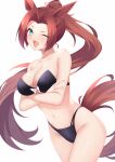  1girl ;d animal_ears bare_arms bare_shoulders bikini black_bikini blue_eyes breasts cleavage cowboy_shot crossed_arms forehead highres horse_ears horse_girl horse_tail kawakami_princess_(umamusume) large_breasts long_hair looking_at_viewer miya_star_saa navel one_eye_closed open_mouth ponytail simple_background smile solo strapless strapless_bikini swimsuit tail umamusume very_long_hair white_background 