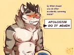  ambiguous_species anthro blush english_text fangs felid feline hi_res humor male male/male mammal mane nipples solo text unwanted_cum_inside unwanted_ejaculation ventkazemaru whiskers 