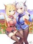  2girls absurdres animal_ear_fluff animal_ears arm_up armpits bare_shoulders belt blonde_hair blue_eyes blue_shirt blurry blurry_background blush breasts brown_legwear cat_ears cat_girl cat_tail chess11 commission detached_sleeves final_fantasy final_fantasy_xiv flower grey_shorts hand_on_another&#039;s_hip hand_on_own_chest highres large_breasts long_sleeves looking_at_viewer medium_breasts miqo&#039;te multiple_girls open_mouth pantyhose pink_shirt red_eyes red_shirt shirt short_hair short_shorts shorts signature sitting skeb_commission smile tail thigh_gap thighhighs thighs white_hair 