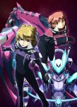  2girls bangs black_gloves blonde_hair breasts flat_chest floating gloves irie_tamaki kugimiya_kei large_breasts leaning_forward majestic_prince mecha multiple_girls pilot_suit ponytail purple_eyes purple_two red_eyes red_hair rose_three science_fiction skin_tight two_side_up uganda_(ugandam_00) 