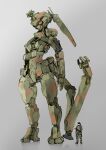  1boy absurdres camouflage goggles grey_background gun helmet highres holding holding_gun holding_weapon looking_down mecha mechanical_tail orange_eyes original sadamatsu_ryuuichi science_fiction size_comparison sketch soldier standing tail weapon 