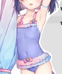  1girl arm_up armpits beach_umbrella black_hair blush casual_one-piece_swimsuit covered_navel frilled_swimsuit frills head_out_of_frame highres minazuki_shigure nekopara official_art one-piece_swimsuit open_mouth purple_swimsuit sayori_(neko_works) short_hair smile solo swimsuit thighs umbrella unfinished upper_body 