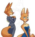  2022 anthro blue_clothing blue_dress business_suit canid canine clothing diane_foxington dreamworks dress eyebrow_piercing eyewear facial_piercing female formal_wear fox glasses hi_res jewelry mammal necklace necktie pantsuit piercing praquina signature simple_background solo standing strapless_clothing strapless_dress suit the_bad_guys white_background 