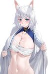  1girl animal_ear_fluff animal_ears azur_lane bandages bangs blue_eyes blush breasts chest_sarashi cleavage collarbone commentary fox_ears groin highres kaga_(azur_lane) large_breasts looking_at_viewer navel open_clothes raitho sarashi short_hair simple_background solo stomach upper_body white_background white_hair 