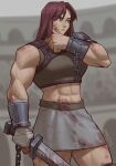  1girl abs absurdres armor bandages biceps chain cuffs gladiator green_eyes highres holding holding_weapon long_hair looking_to_the_side m4rjinn muscular muscular_female original pauldrons red_hair shackles shoulder_armor skirt sword tank_top weapon wiping_face 
