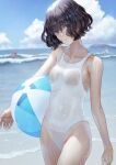  1girl ball bare_arms bare_shoulders beach beachball black_eyes black_hair blue_sky breasts carrying carrying_under_arm cloud collarbone commentary_request covered_navel day groin head_tilt highres horizon kaoming lips looking_at_viewer nanjou_ao ocean one-piece_swimsuit original outdoors people see-through sky small_breasts solo_focus swimsuit water waves wavy_hair wet white_swimsuit 