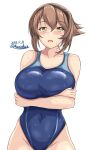  1girl blue_swimsuit breast_press breasts brown_hair collarbone competition_swimsuit covered_navel cowboy_shot crossed_arms dated eyebrows_visible_through_hair flipped_hair green_eyes hair_between_eyes hairband highleg highleg_swimsuit highres kantai_collection large_breasts looking_at_viewer montemasa mutsu_(kancolle) one-piece_swimsuit short_hair simple_background sweatdrop swimsuit twitter_username two-tone_swimsuit wet wet_clothes wet_swimsuit white_background 