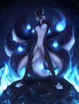  anthro artist_name big_tail biped black_body black_ears black_fur black_hair black_nose black_tail blue_claws blue_eyes blue_pawpads canid cheek_tuft chest_tuft claws clear_sky clockhands digitigrade elemental_manipulation facial_markings facial_tuft featureless_crotch fire fire_manipulation front_view fur glistening glistening_nose glistening_pawpads glowing glowing_claws grey_inner_ear hair head_markings hi_res inner_ear_fluff looking_at_viewer magic_user male mammal markings multicolored_tail night nude outside pawpads sharp_claws short_hair shoulder_tuft sky solo standing star tuft white_body white_fur white_inner_ear_fluff white_tail 