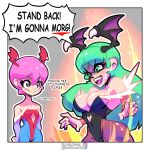  black_legwear black_leotard breasts cleavage covered_navel english_commentary english_text eyebrows_visible_through_hair green_hair hair_behind_ear head_wings instagram_username it&#039;s_morbin&#039;_time_(meme) large_breasts leotard lilith_aensland marvel meme morbius_(film) morrigan_aensland open_hands pantyhose pink_hair red_leotard rob_boss shaded_face short_hair siblings sisters smile speech_bubble twitter_username v-shaped_eyebrows vampire_(game) 