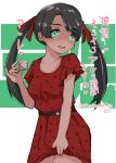  1girl absurdres black_hair character_name condom condom_wrapper cowboy_shot dress green_eyes highres kantai_collection kitahama_(siroimakeinu831) long_hair looking_at_viewer mikuma_(kancolle) official_alternate_costume polka_dot polka_dot_dress red_dress shaded_face simple_background skirt_hold solo standing translation_request twintails white_background yandere 