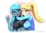  2girls ;) aqua_hair blonde_hair blue_eyes blush bodysuit canadiananiguy colored_skin dark_samus english_commentary grey_skin highres hug long_hair metroid multiple_girls one_eye_closed ponytail samus_aran smile zero_suit 