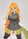  2022 anthro biped blue_eyes clothed clothing crocodile crocodilian crocodylid fangs female green_body green_scales grey_background hair hi_res looking_at_viewer open_mouth orange_hair reptile scales scalie shaded simple_background smile soda_uyu solo white_body white_scales 