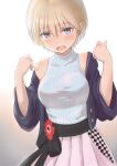  1girl alternate_costume bare_shoulders blonde_hair blue_eyes blue_sweater brave_witches breasts dutch_angle gradient gradient_background hair_between_eyes highres jacket large_breasts looking_at_viewer lowlegist nikka_edvardine_katajainen open_mouth ribbed_sweater skirt sleeveless sleeveless_sweater solo sweater turtleneck turtleneck_sweater world_witches_series 