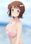  1girl :o amami_haruka bangs bikini bikini_top_only blunt_bangs blurry blurry_background blush bow breasts brown_hair cleavage floating_hair green_eyes hair_bow highres hitodama_(madatohi) idolmaster idolmaster_(classic) large_breasts looking_at_viewer pink_bikini solo swimsuit upper_body water_drop 