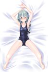  1girl ahoge armpits barefoot black_ribbon blue_swimsuit braid brown_eyes commentary_request commission flat_chest from_above grey_hair hair_over_eyes hair_ribbon hamanami_(kancolle) highres kantai_collection long_hair looking_at_viewer lying old_school_swimsuit presenting_armpit ribbon school_swimsuit single_braid solo spread_legs swimsuit takafumi 