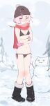  1girl absurdres bangs beanie bikini black_bikini black_footwear black_headwear blush boots breath closed_mouth commentary_request eds fringe_trim full_body gloves hat highres navel original parted_bangs pigeon-toed pink_eyes pink_gloves pink_hair red_scarf scarf short_eyebrows side-tie_bikini snow snowman solo standing swimsuit thick_eyebrows 