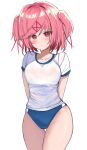  1girl absurdres arms_behind_back b4_(yonten) blush breasts buruma commentary doki_doki_literature_club gym_uniform hair_ornament hairclip highres looking_at_viewer natsuki_(doki_doki_literature_club) pink_eyes pink_hair short_hair simple_background solo sweat two_side_up white_background 