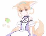  1girl animal_ears arknights black_collar blonde_hair blue_eyes braid collar cowboy_shot dress fox_ears fox_girl fox_tail highres infection_monitor_(arknights) kitsune light_blush looking_at_viewer multiple_tails nprmtp oripathy_lesion_(arknights) purple_dress simple_background smile solo suzuran_(arknights) tail turtle white_background yellow_eyes 