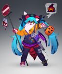  1girl :3 ahoge animal_ears animal_hands animal_nose anklet arm_up armlet bangs blue_hair blue_headwear blue_legwear blue_overalls blue_ribbon body_fur bow breasts candy claws commentary demon_wings english_commentary fangs food fox_ears fox_girl fox_tail full_body fur_collar furry furry_female garter_straps gradient gradient_background green_eyes grey_background hair_ribbon halloween halloween_bucket hand_up happy hat heterochromia holding intravenous_drip jewelry legs_apart lollipop long_hair long_sleeves looking_to_the_side low_wings medium_breasts miniskirt multicolored_hair nurse_cap open_mouth original outstretched_arm overalls oversized_object paw_print pawpads pink_footwear pleated_skirt purple_bow purple_skirt purple_wings red_eyes red_fur ribbon road_sign shoes sidelocks sign simple_background single_shoe single_wing skirt smile solo speech_bubble standing star-shaped_pupils star_(symbol) streaked_hair symbol-shaped_pupils tail test_tube thighhighs tomato_juice torn_clothes torn_legwear twintails two-tone_fur two-tone_hair uyu_(soda_uyu) very_long_hair whiskers white_fur wings 