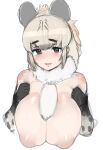  1girl alternate_breast_size animal_ears animal_print bangs black_eyes blonde_hair breasts brown_hair cropped_torso extra_ears eyebrows_visible_through_hair fur_scarf gloves hands_up highres huge_breasts hyena_ears kemono_friends light_brown_hair long_hair looking_at_viewer multicolored_hair nude open_mouth print_gloves puffy_nipples scarf shibori_kasu sidelocks simple_background sketch smile solo spotted_hyena_(kemono_friends) white_background 