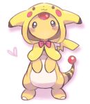  ampharos blush_stickers capelet character_print commentary_request full_body grey_eyes heart hood hood_up hooded_capelet looking_at_viewer no_humans pikachu pokemon pokemon_(creature) solo standing tansho yellow_capelet 
