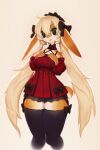  2022 anthro biped bow breasts brown_body brown_fur clothed clothing female fur green_eyes hair hand_on_breast hi_res lagomorph leporid mammal open_mouth rabbit red_clothing shaded simple_background soda_uyu solo tan_background white_body white_fur white_hair 