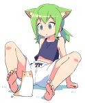  1girl animal animal_ear_fluff animal_ears arm_support bangs bare_arms bare_shoulders barefoot blue_eyes blue_tank_top cat colored_shadow eyebrows_visible_through_hair green_hair highres long_hair low_twintails navel original roku_no_hito sexually_suggestive shadow short_shorts shorts soles solo spread_legs tank_top twintails white_background white_shorts 