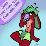  anthro blue_background briefs brown_body brown_fur bulge cheek_tuft chest_tuft clothing container cup drinking ears_down elbow_tuft facial_tuft floppy_ears fur green_hair hair half-closed_eyes hi_res humor juice_that_makes_you_cum lagomorph leporid male mammal meme narrowed_eyes pivoted_ears rabbit simple_background sitting solo the_xing1 tuft underwear 