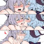  2girls blue_hair completely_nude french_kiss ganyu_(genshin_impact) genshin_impact goat_horns heart horns keqing_(genshin_impact) kiss long_hair looking_at_another multiple_girls nude purple_eyes purple_hair simple_background sweat upper_body white_background yuri yuriwhale 