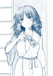  1girl bangs blue_theme blush bow breasts collarbone eyebrows_visible_through_hair hair_bow hair_tubes hakurei_reimu hand_on_own_chest highres japanese_clothes large_breasts long_sleeves looking_at_viewer miyayuki_azami monochrome no_hair_bow smile solo touhou wide_sleeves 