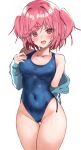  1girl ass_visible_through_thighs b4_(yonten) blue_swimsuit blush breasts commentary covered_navel doki_doki_literature_club groin hair_ornament hairclip highres jacket looking_at_viewer natsuki_(doki_doki_literature_club) off_shoulder one-piece_swimsuit open_mouth pink_eyes pink_hair school_swimsuit simple_background solo swimsuit teeth two_side_up wet white_background 