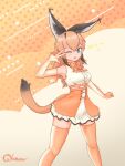  1girl animal_costume animal_ears armpits blue_eyes bow bowtie caracal_(kemono_friends) caracal_ears elbow_gloves gloves highres kemono_friends kemono_friends_v_project long_hair looking_at_viewer microphone nokemono-san_(bocchi_friend) one_eye_closed open_mouth orange_hair polka_dot shirt signature skirt sleeveless sleeveless_shirt smile solo thighhighs virtual_youtuber w_over_eye 