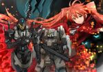  alice_(buster_dress) ascot blaze_master bone_master_(buster_dress) buster_dress capelet dress glowing glowing_eye gun hair_behind_ear highres holding holding_gun holding_weapon long_hair mecha night_crawler_(buster_dress) official_art one-eyed open_mouth red_capelet red_dress red_eyes red_hair sadamatsu_ryuuichi science_fiction sharp_teeth smile teeth twintails visor weapon white_ascot 