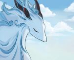  animalization black_horns blue_fur blue_sky closed_eyes cloud cloudy_sky ganyu_(genshin_impact) genshin_impact highres horns no_humans outdoors qilin_(mythology) sky xinzoruo 