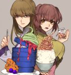  2girls back-to-back bad_food bangs bowl breasts brown_eyes brown_hair brown_jacket expressionless flat_chest food food_on_face holding holding_bowl holding_jar irie_tamaki jacket jar kugimiya_kei large_breasts looking_at_viewer majestic_prince multiple_girls open_mouth oshioyu pink_shirt purple_eyes purple_shirt rice shirt short_hair syrup two_side_up 