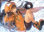  1girl ass back black_gloves black_shorts boots brown_eyes brown_hair cabbie_hat commentary_request fingerless_gloves gloves guilty_gear guilty_gear_strive hagure_keg hat holding hood hood_down hoodie knees_together_feet_apart knees_up long_hair long_sleeves may_(guilty_gear) orange_footwear orange_headwear orange_hoodie puffy_long_sleeves puffy_sleeves short_shorts shorts skull_and_crossbones solo v_over_eye water 
