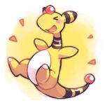  &gt;_&lt; :d ampharos blush closed_eyes commentary_request full_body happy no_humans open_mouth outstretched_arms pokemon pokemon_(creature) signature smile solo tansho tongue 
