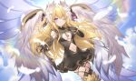  1girl angel_wings blonde_hair blush breasts cleavage cleavage_cutout clothing_cutout cloud cloudy_sky commentary_request cowboy_shot date_a_live day dress eyebrows_visible_through_hair falling_feathers feather_hair_ornament feathers hair_ornament hair_wings looking_at_viewer mayuri_(date_a_live) medium_breasts navel navel_cutout one_eye_closed outdoors pink_eyes rie_(reverie) sky solo wings 