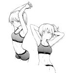  1girl bike_shorts breasts collarbone eyebrows_visible_through_hair greyscale hair_behind_ear highres leaning_forward lying monochrome navel open_hands original own_hands_together sadamatsu_ryuuichi side_ponytail sketch small_breasts sports_bra stomach 