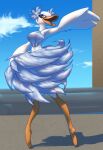  3_fingers anatid anseriform anserinae anthro avian ballerina ballerina_position ballet beak bird blue_body blue_eyes blue_feathers blue_sky breasts clothed clothing cloud covering digital_media_(artwork) feathered_wings feathers female fingers fleurina hi_res kirby_(series) kirby_and_the_forgotten_land mikaelkristiak nintendo open_mouth outside pipe pipes raised_arm sky smile solo swan video_games white_body wings 